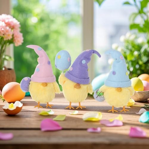 Osterdeko Küken Wichtel Figuren, 3 Stück Frühlingsdeko Plüsch Küken Ornamente mit Filz Hüte und Ostereier, Ostern Deko Gesichtslose Puppe Wichtel Figuren Deko für Frühling Ostern Haus Dekoration (A)
