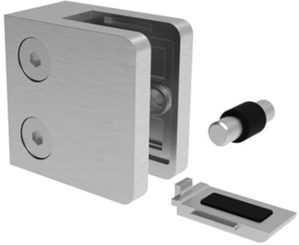 PRIOstahl Glashalter Glasklemmen Klemmhalter Glasplattenhalter - 1 Stück Größe: 45 x 45 x 26 mm mit Sicherungsstift & Sicherungsplatte Anschluss: Flach - für Glas 10,76 mm aus Edelstahl V2A