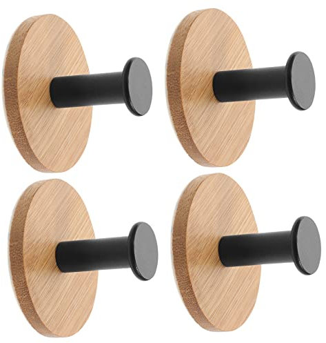 SEWOART Sticky Bamboo Wall Hooks 4 Pack Adhesive Hooks for Hanging Towel Coat Key Plant Picture Heavy Duty Easy to Stick