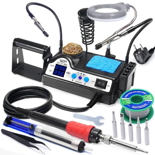 WEP 927-IV V1 Kit Saldatore a Stagno 110W con 3 Canali Preimpostati, Modalità Sleep, Lente d'Ingrandimento LED, 5 Punte per Saldatura Extra, 2 Mani Ausiliari, Solder Wire, Pinzette (EU Plug)