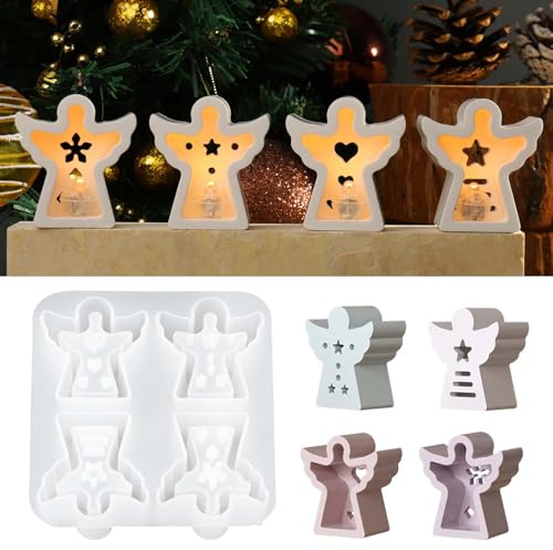 Silikonform Gießformen Weihnachten, 4 Mini-Engel Formen für LED-Lichtdeko | Gipsformen zum Gießen für 4 kleine Engel mit Lichtausschnitten für Adventsdeko, Tischschmuck