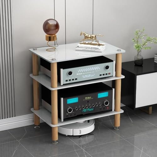 Generisch 4-stufiger HiFi-Medienschrank mit Regalen aus gehärtetem Glas – solide Holzbeine, stoßdämpfendes Design, weißes Audio-Rack für Home-Entertainment-Systeme (Größe: 3 Ebenen, Farbe: Weiß)