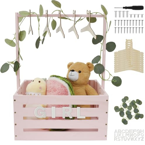 Holz Babyparty Kiste Schrank mit Griff 40x30x20CM Babypartykorb Tragbare Neugeborene Babykorb Dusche Dekorative Baby Geschenk mit Kleiderbügel für Geburtstage Babypartys Weihnachten Neue Eltern(Rosa)