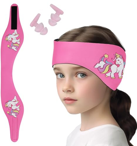 Bandeau de Natation Enfant, Bandeau Élastique avec Bouchons d'Oreille de Protection pour Piscine et Natation et Autres Sports Nautiques (Rose Bonbon-2, S)