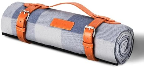 Picnic Blanket 147x180cm, Outdoor Rug with Waterproof Backing, Sand Proof Outdoor Beach Blanket, 6 Person Weatherproof Picnic Mat with Faux Leather Handle, Portable Camping Accessories Blue&Grey