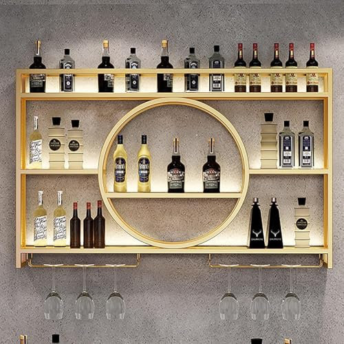 SXHEYUY Botellero Vino Pared para Vinoteca Wine Rack, Unidad Barra Flotante para Exhibición Botellas Licor, Estantería Vino Pared, Botellero Metal para La Pared con Portavasos,Oro,S