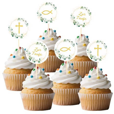 Gleevio Tortendeko Taufe Deko Torte, Cupcake Topper Taufe Deko Junge Mädchen, Kreuzen Kuchen Dekoration 5cm, Eukalyptus Fisch Tortendeko Kommunion, Kreu Kuchendeko Taufdeko Grün