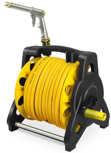 XYJBHB Compact Hose Reel with 30m (ø 12 mm) of Multi-Purpose Hose & Adjustable Spray Nozzle Gun, Free Standing Garden Hose Holder, Portable Hose Pipe Reel for Patio & Car Cleaning, Lawn Watering