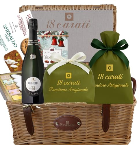 18 Carati | Cesta regalo Navidad | Panettone 1 kg + Pandoro 1 kg | Franciacorta Berlucchi 61| Turrón y Calissons 275 g | Galletas de chocolate y pistacho 260 g | Lata navideña Galletas 320 g