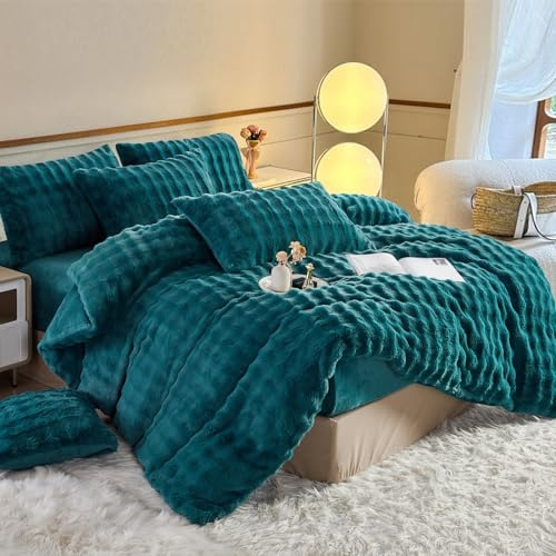 YASMENG Plüsch Bettwäsche 135x200 Winter Warm Petrol Langhaar Bettwäsche Winter Super Weich Flauschig Kaninchenfellimitat Bettbezug Set 2 Teilig für Kinder mit Reißverschluss und 80x80 cm Kissenbezug