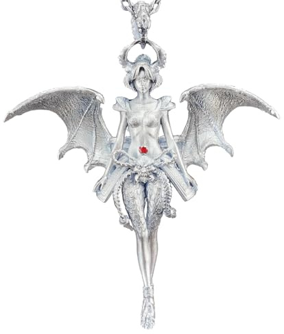 Generisch 5er Silber Anhänger „Gefallene Wächterin“ – gotischer Dämon/Engel mit Flügeln & rotem Granat, handgefertigter Schutz‑ & Glaubens‑Talisman