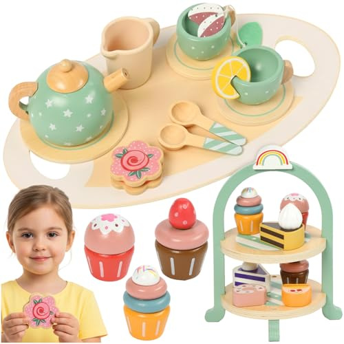 Kruzzel Juego de té y soporte de madera grande para niños – 15+TLG. Servicio con tetera, tazas, magdalenas y pasteles – Juego de rol a partir de 3 años – Juguete de madera natural para coronas de café