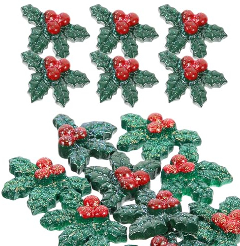 Holibanna 50 Pezzi Decorazioni Natalizie in Resina Foglie di Agrifoglio e Bacche Accessori Fai da Te per Alberi di Natale Ghirlande e Fermagli per Chioma Artigianato Festivo