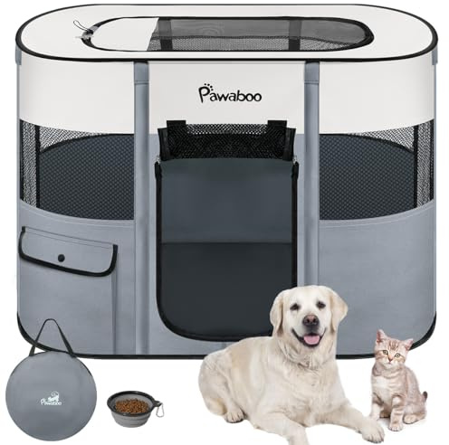 Pawaboo Gabbie per Animali Pieghevole, Recinto per Animali Domestici in Telo Oxford Impermeabile con Rete, Tenda da Gioco per Gatti Cani Cuccioli Portatile per Interno o Esterno, L, Grigio