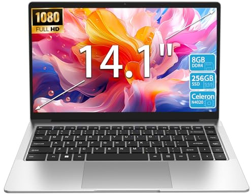 KurieTim Laptop de 14.1 pulgadas, 8 GB DDR4 RAM, SSD de 256 GB, computadora portátil con CPU Celeron N4020, pantalla LCD IPS FHD de 14.1 pulgadas, WiFi, cámara web, USB-A x2, mini HDMI, plateado
