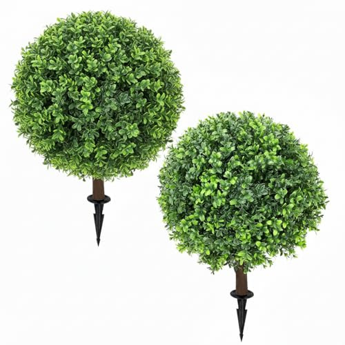Olrla Buchsbaumkugel 2er Set 65cm mit Pfahl – UV-beständig, Winterfest, PE-Material, Kunststrauch für Garten/Balkon/Terrasse
