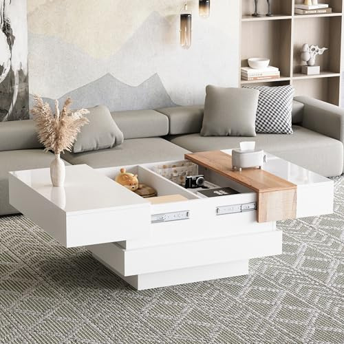 Mesa de Centro Cuadrada Con Tablero de Partículas, Alto Brillo y Tablero Extensible, Mesa Auxiliar con Almacenamiento Oculto y Compartimentos, para Salón y Zona de Estar, Blanco y Madera, 70x70x39cm