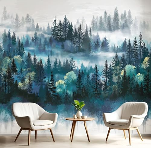 Carta Da Parati Fotografica 3D Effetto Acquerello Foresta Nebbiosa , Non Include Colla, Illustrazione Cinese Turchese Carta Per Pareti Soggiorno Camera Da Letto Sala Fotomurali Poster, 250X175Cm
