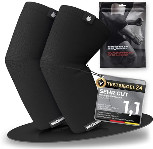 NEOLYMP Ellenbogenbandage Kraftsport – Kompressionsbandage für Bodybuilding, Tennisarm & Golferarm – Stabilität bei Dips & Push-Ups – Elastische Bandage (Schwarz, M | 23-31 cm)