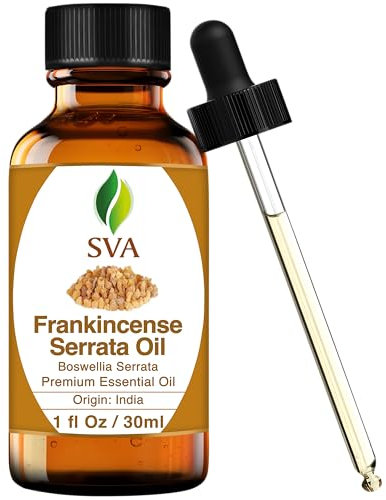 SVA Organics Aceite Esencial de Incienso Serrata Certificado Orgánico con Cuentagotas 100% Puro, Natural y Grado Terapéutico para una Piel Resplandeciente, Cabello Brillante, 1.01 Fl Oz (paquete de 1)