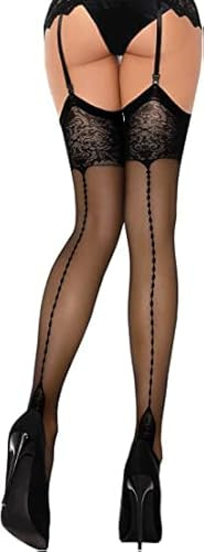 Fiore Bas Grande Taille pour Porte Jarretelles - Motif effet Couture et Talon Cubain (5, Noir)