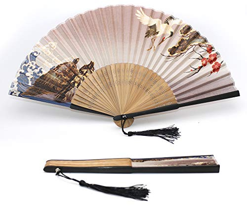 1SourceTek Ventaglio a mano in seta da 21 cm, pieghevole, pieghevole, per regalo, decorazione, stile retrò giapponese (tartaruga e gru)