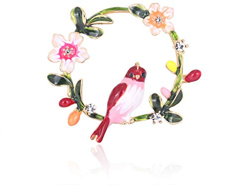 Fajewellery Emaille Vogel Brosche mit Blume und Kristall, Vintage Blumen Ranke Schmuck, Elegantes Accessoire für Jacken, Pullover & Hüte