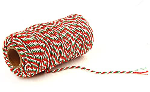 RAILONCH Farbe Baumwollgarn, Zweifarbig Makramee Garn 2 mm x 200 m, Naturgarn Baumwollschnur Baumwollkordel für DIY Dekoratives Geschenk Handwerk Strickwerkzeuge (rot + Grün + Weiß)
