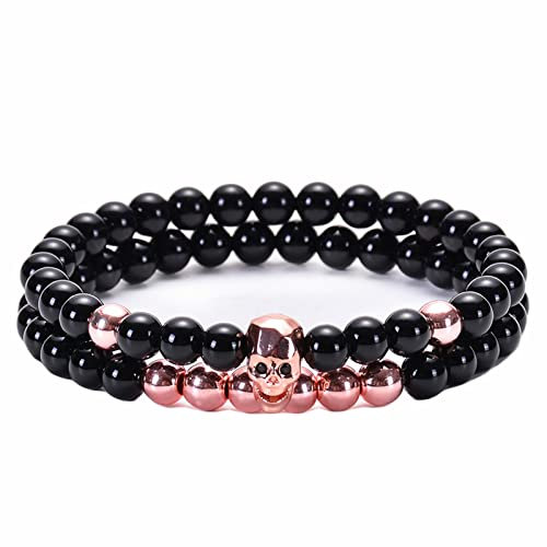 BCughia Perlen Armbänder, Steinarmbänder Set Schwarz Kupfer 2Pcs Rundschliff Onyx Bead Kette 2 Lagiger Schädel aus Schwarzem Onyx Hämatit Set 19cmx8mm