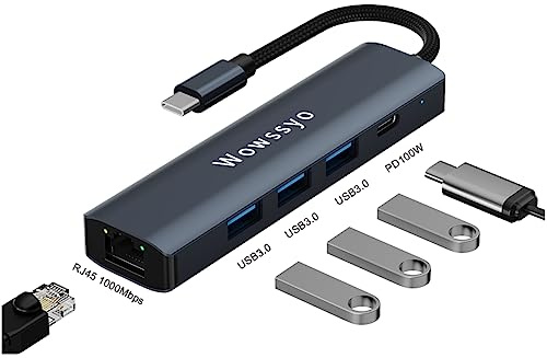 Wowssyo USB C Hub 5 en 1 Dock Adaptador USB C, Gigabit Ethernet LAN RJ45, 100W Power Delivery, 3 Puertos de Datos USB-A 5Gbps, para MacBook M1,para iPad Pro, para Surface Pro y más.