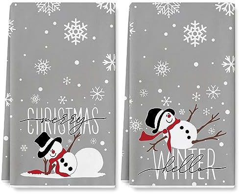 AnyDesign Christmas Grey Kitchen Dish Towel 18 x 28 Inch Snowman Snowflake Dishcloth Winter Decorative Hand Drying Tea Towel for Xmas Winter Holiday Kitchen Cooking Baking Bathroom, 2Pcs