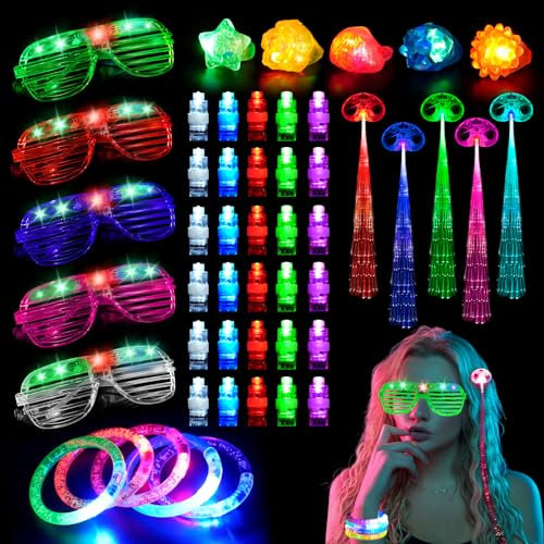 SUPRBIRD Occhiali Led,51 pezzi LED Luminosi Fluorescenti Giocattoli Set,Braccialetti Luminosi Fluorescenti,Luci LED per Dita,Anelli Dita Luminosi LED,per Comleanno Feste Carnevale Capodanno Pasqua