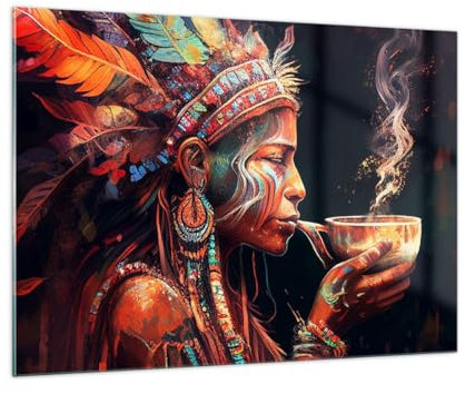 Moderne Impression sur Verre 100x70cm Image Tableau en Verre Decoration Murale Chaman Indien Ayahuasca Grand Tableaux Decoratifs Muraux Chambre Cuisine Horizontal Deco Cadre Salon Art GAA100x70-5744