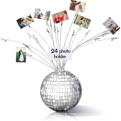 Geyoga Disco Ball Photo Tree Holder with 24 Branches Table Centerpiece 5.9‘' Silver Money Tree Gift Card Holder with Clips for Display Picture Memo Note Disco Ball Gift Party Decor