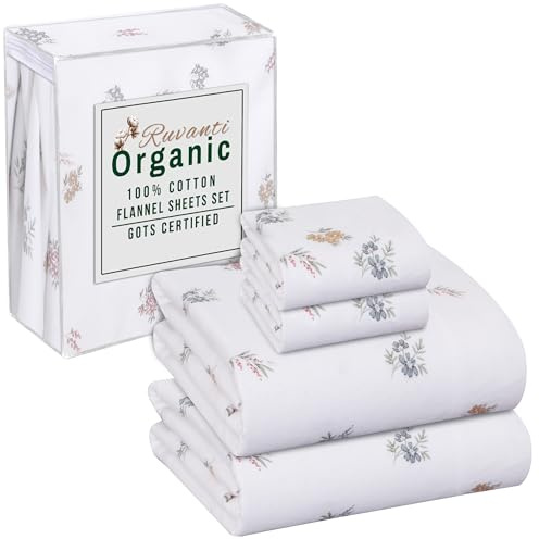 RUVANTI Flannel Sheets King Size - GOTS Certified 100% Organic Cotton, 4 Piece Warm, Soft & Breathable Set, Deep Pocket Snug Fit, Double Brushed Cozy All Season Bedding, Floral
