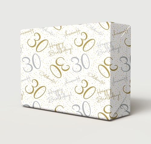 Geschenkpapier zum 30. Geburtstag, zum 30. Geburtstag, Feiern, Hooray, Weiß, Gold, Silber, Unisex, Geschenkpapier, Alter 30. Geburtstag, männlich, weiblich, 4 Bögen