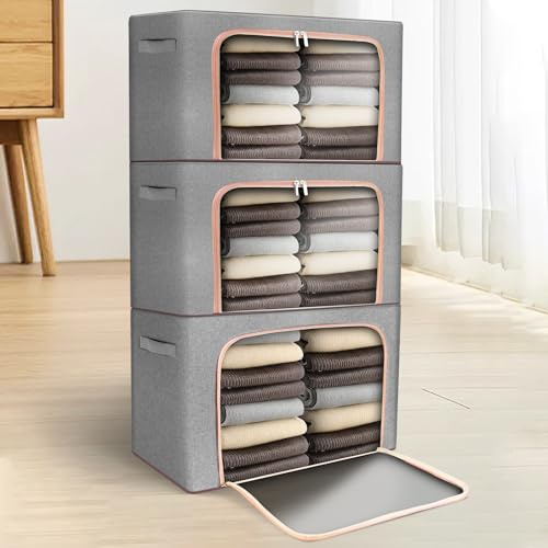ZONJIE Clothes Storage Bags, Foldable Clothes Storage Boxes with Lids, Clear Window & Carry Handles, Cotton Linen Cloth Steel Frame Box with Zippers for Comforters, Blankets, Bedding (3, 24L)
