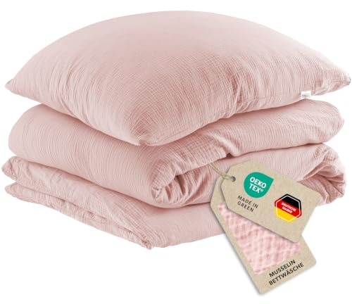 Pure Label Musselin Bettwäsche 135x200+40x80 cm 100% Baumwolle - Rosa | Traumhaft weiche, kuschelige Bettwäsche-Sets aus Musselin - 40° Waschbar
