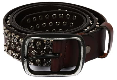 Punkrock-Nietengürtel für Männer/Frauen, dreireihig mit Totenkopf und Nieten, Kreuzblumen-Spikes, handgefertigte Rindsledergürtel mit Schnalle (115 cm/Taille: 39 Zoll, braun)