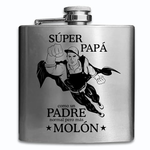 Petaca de acero inoxidable personalizada con grabado, Papa es el mejor, 6 diferentes diseños con tu texto disponible color plata, 170 ml idea de regalo personalizado