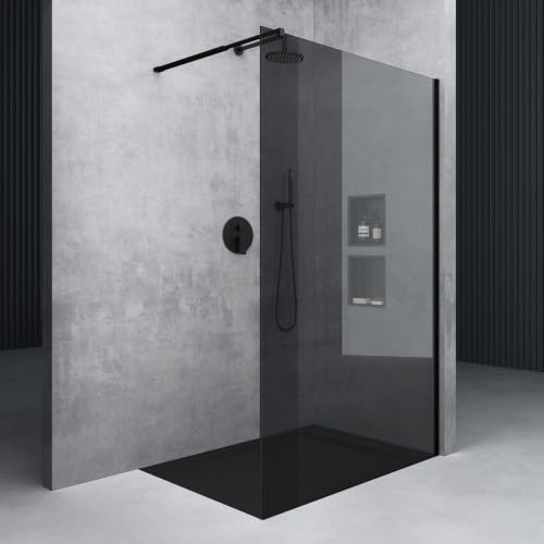 Mai & Mai Box Doccia Walk-In 130x200cm, Parete Doccia in Vetro 10mm Braccio di Sostegno 70-120cm MMBR1 Vetro di Sicurezza ESG con Rivestimento Nano Nero Bremen02VG