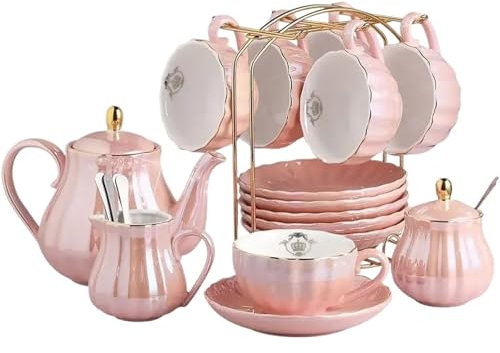 XPJYUA Tazzine Caffe Set da tè in Porcellana, Set di Tazze e piattini da 8 Once, Servizio for 6, con teiera, zuccheriera, brocca for la Panna e cucchiaini da tè
