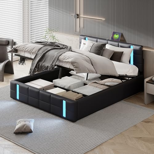 YLSZHY 160 x 200 cm, gepolsterter Doppelbettrahmen, Stauraum mit hydraulischem Lift, USB-Ladestation, Kopfteil aus PU-Leder mit LED-Licht, Plattformbett mit Lattenrost aus Holz