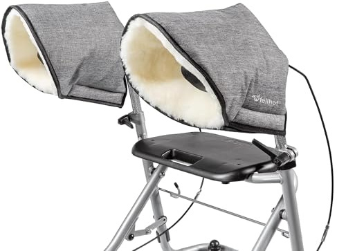 Rollator Handwärmer/Handschuhe mit Lammfell von Fellhof®, 100% Merino-Lammfell, OEKO-TEX® zertifiziert, waschbar bei 30 °C (Black-melange, Uni)