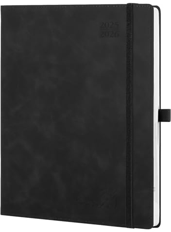POPRUN Kalender 2025 2026 Buchkalender Notizbuch (Aug.2025-Dez.2026), ca. A4 (26,5 x 21,5 cm), Terminplaner, Wochenplaner Softcover mit PU-Leder, Zertifiziertem Papier - Schwarz