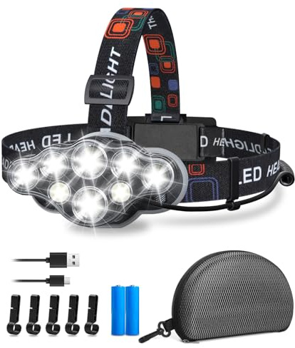 Nalezuns Stirnlampe LED Wiederaufladbar, 18000 L Ultra Kopflampe Stufenlos Dimmbar 8 Lichtmodi & Rotlicht, LED Stirnlampe Wiederaufladbar für Erwachsene, für Joggen, Camping, Angeln