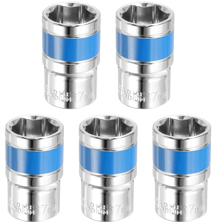 sourcing map 5pcs 1/2 Inch Drive 6-Point Socket 17mm CR-V Metric Shallow Socket Electric Wrench Socket for Mechanical Auto Repair, Silver Tone & Blue