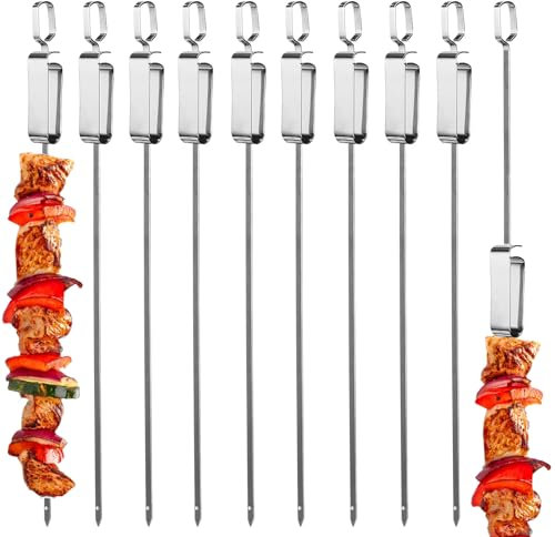 10 spiedini per barbecue, in acciaio inox, con cursore, in acciaio inox, lunghi spiedini per carne, per falò o barbecue