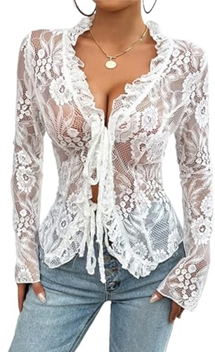 SYHVGI Women Lace Tops Long Sleeve See Through Sexy Deep V Neck Sheer Mesh Crop Top Shirt Open Front Tie Blouse