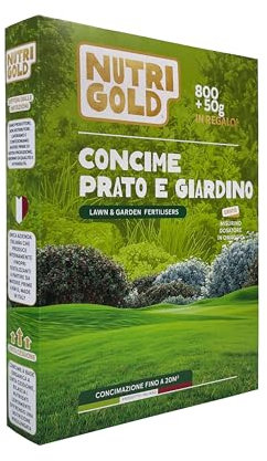 NutriGold® concime Prato e Giardino | Fertilizzante ESTATE per Prato, Siepi e Piante - NPK a Rilascio Graduale Ricca di Ferro - Nutre 20 m² di Verde e Previene il Muschio - Solido 800g + 50g Omaggio